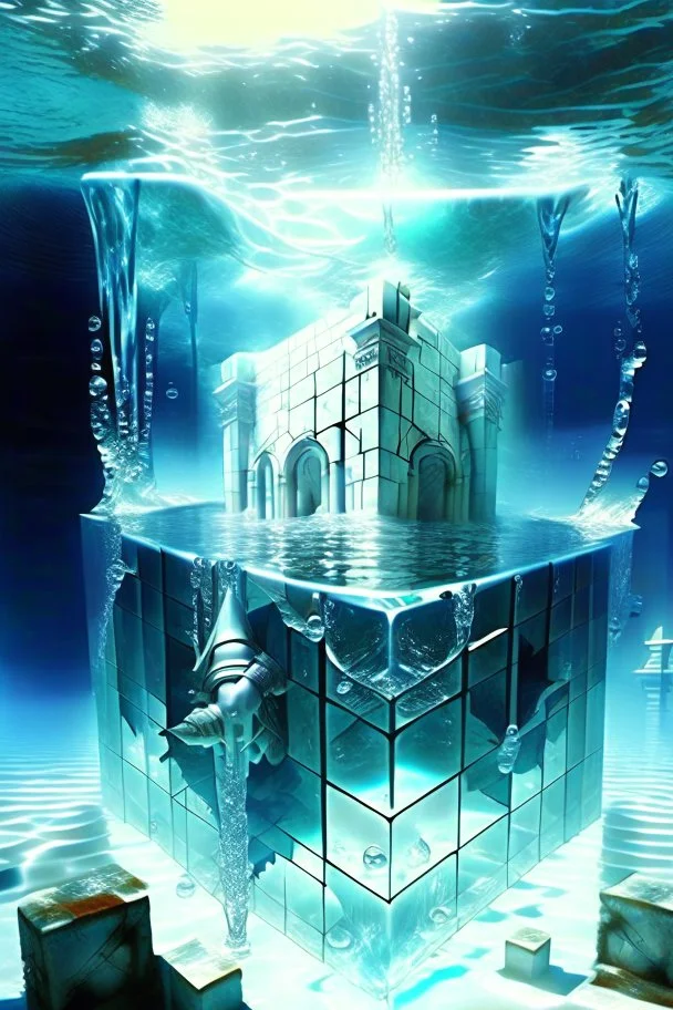 Atlantis dungeon with white many knight snd a great pool of water with a chrome cube floating over it