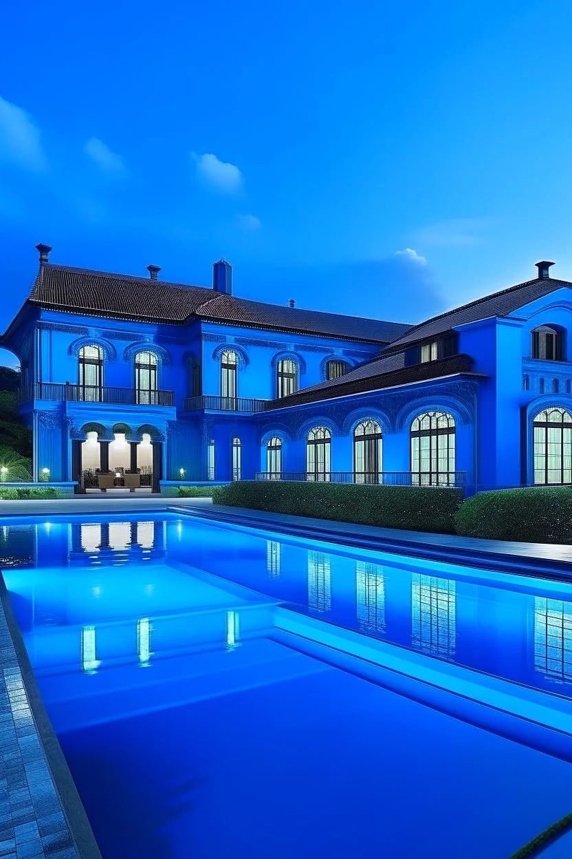 blue mansion with a huge infinity pool and lambergeaney