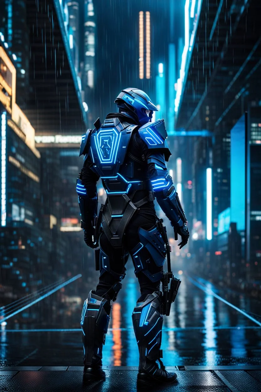 cyberpunk, neon blue, high technology, geometric figures, orbiting figures, high technology suit, cyberpunk suit, black, black and blue, epic, rain, a person in rain, neon blue suit, geometric figures orbiting around suit, exosuit, technological armour, a person wearing technological armour, cyberpunk armour, detailed armour, male, black and blue colored cybersuit, suit details, epic cybersuit, black colored suit, complex suit