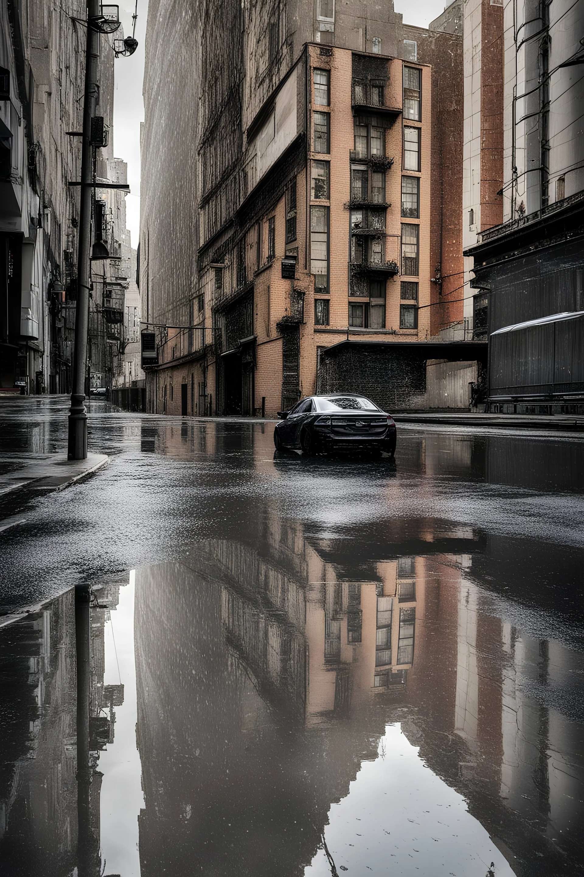 rainy day, city reflection in rain water