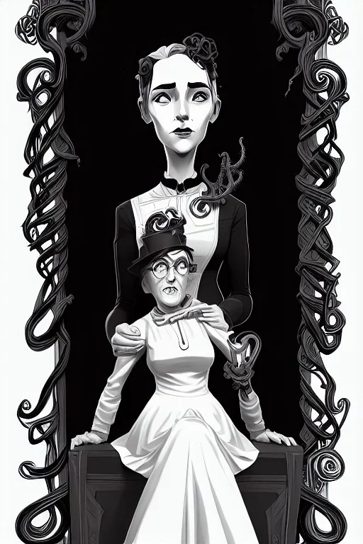black and white old victorian couple portrait, woman sitting, tentacles beneath the woman's dress