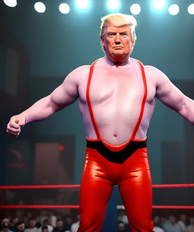 Donald trump wrestler, wrestling, lights cam, suspenders, retro style, 80s, hot ambient, photo studio, red, vibrant color, gradient, highly detailed, art stations, concept art, smooth, unreal engine 5, god rays, ray tracing, RTX, lumen lighting, ultra detail, volumetric lighting, 3d, finely drawn, high definition, high resolution.