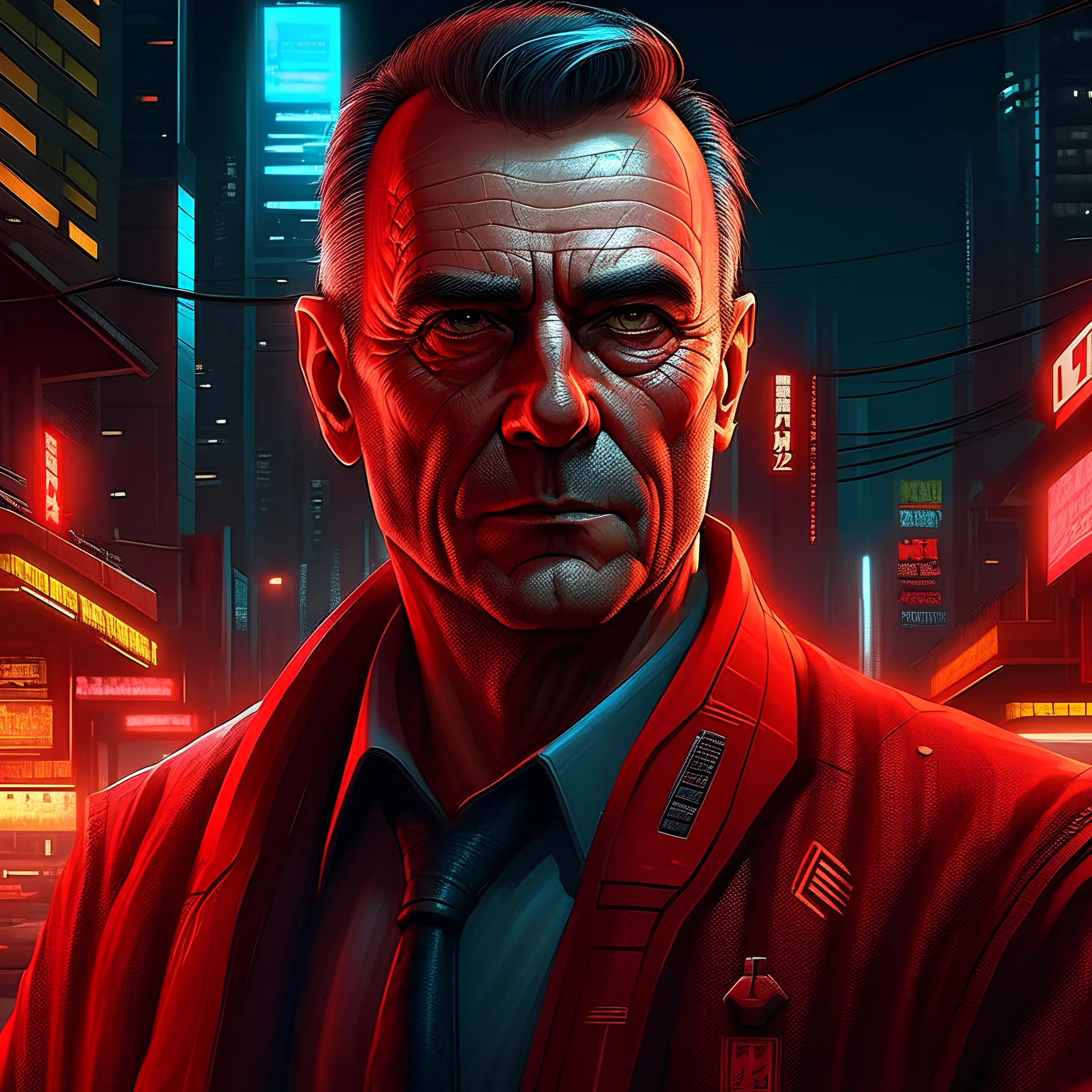 Generate a detailed and realistic portrait of the deputy mayor of Night City in Cyberpunk Red. The character is a middle-aged, authoritative figure with a no-nonsense demeanor. They have distinct cybernetic enhancements, reflecting their high status in the city. The deputy mayor should exude a sense of power and wear sleek, futuristic attire befitting their political role. Ensure that the background complements the cyberpunk aesthetic of Night City, with a blend of neon lights, skyscrapers, and