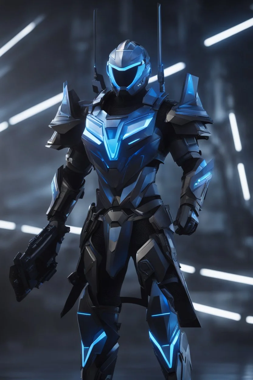 neon blue, flying parts of armor in form of triangles, cyber armor, geometric patterns on armor, male, orbiting triangle, armor drones