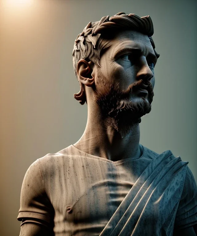 Gran angular, Realistic image, roman sculpture, marble material, Lionel Messi with Laurel wreath model, miguel angel style, emperador, God light, god rays, 4k resolution, perfect details, ornate details, soft lighting, unreal engine 5, soft cyan background.