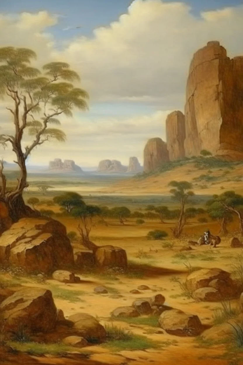 A brown savanna with block shaped rocks painted by Albrecht Durer