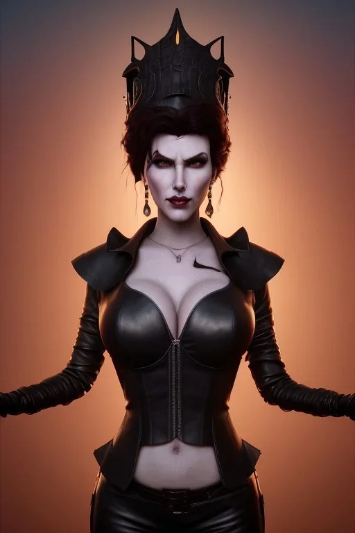 Amy Dumas as evil queen in black leather, leather, busty, cleavage, angry, rage, stern look. character design by cory loftis, fenghua zhong, ryohei hase, ismail inceoglu and ruan jia. unreal engine 5, artistic lighting, highly detailed, photorealistic, fantasy