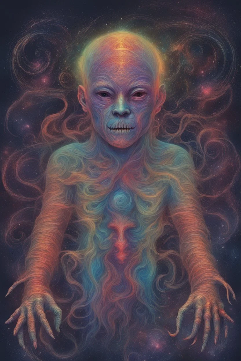 metephysical colourful horror masked horror inhumane godly being cosmic creature of magic transcended