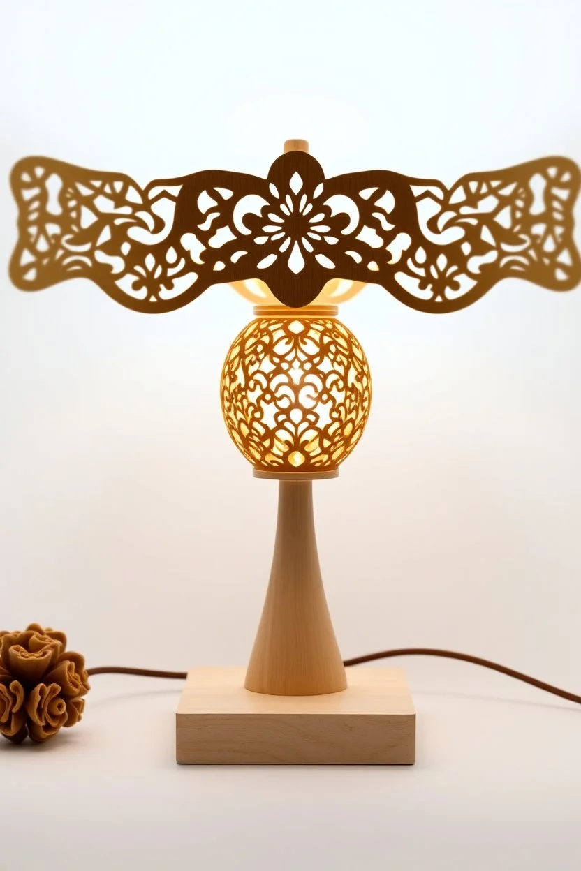 Create a product table lamp inspired by nyonya kebaya in wood material process laser cutting in off white background