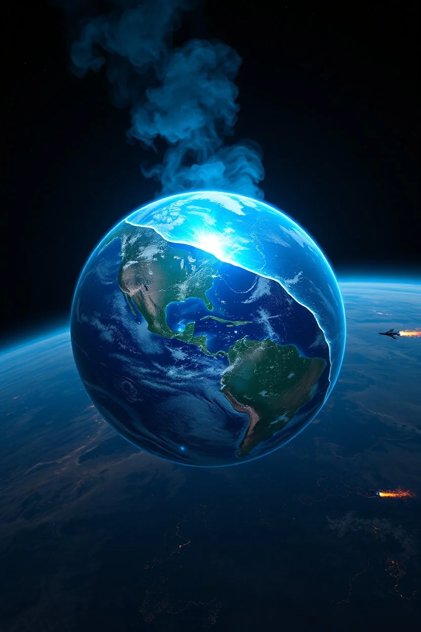 en satellit bild från rymden på jorden, den ska lysa med blått ljus och det kommer rök ifrån den och ser ut att spricka lite, bilden ska visa hela jord globen, långdistans robotar flyger mellan olika kontinenter, jorden är på väg mot en undergång