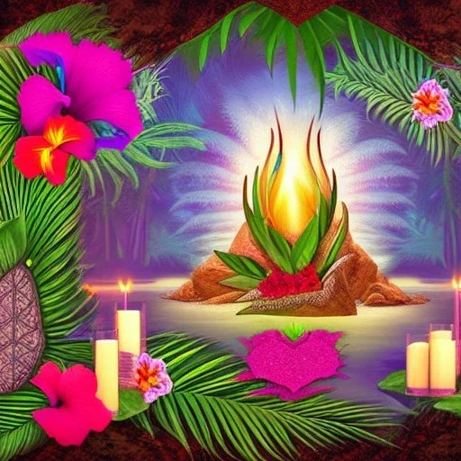  Tropical flowers, heart drawing, crystals, tropical leaves, sacred altar, Fantasy temple, Surreal landscape.