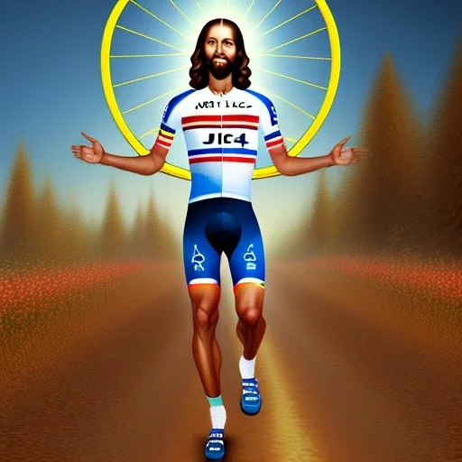 Portrait Jésus faisant du vélo, tour de France, maillot cycliste, passe ligne d arrivée