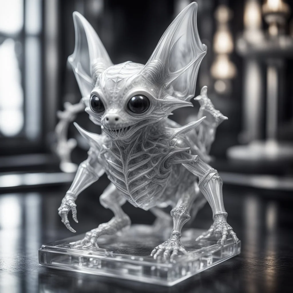 giger escher bat kobold sculpture in transparent white murano glass,bokeh like f/0.8, tilt-shift lens 8k, high detail, smooth render, down-light, unreal engine,bokeh like f/0.8, tilt-shift lens 8k, high detail, smooth render, down-light, unreal engine