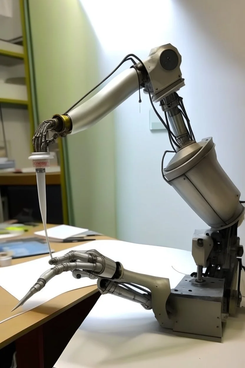 A slender flexible robotic arm with flexible joint is being drawn an oil painting . 机械臂要多彩。