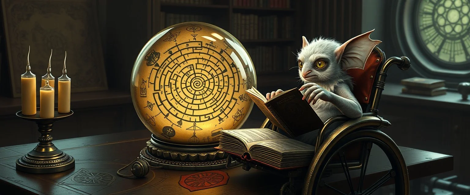 map of labyrinth contained in a glass ball with elemental sigils and symbols on a table beside a book called Rotten Riddles Age with weird illustrations, being read by an fluffy imp gremlin druid librarian in a cyber punk wheel chair in the style of Fallout 4 and Giger and Escher