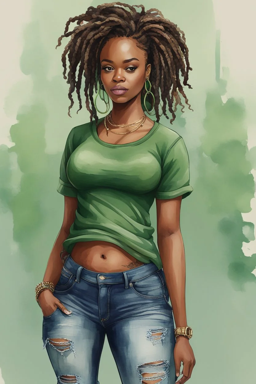 Create a watercolor image of a curvy black female wearing tight cut up jeans and a green tshirt with timberland boots. Prominent make up with hazel eyes. Highly detail dread locs