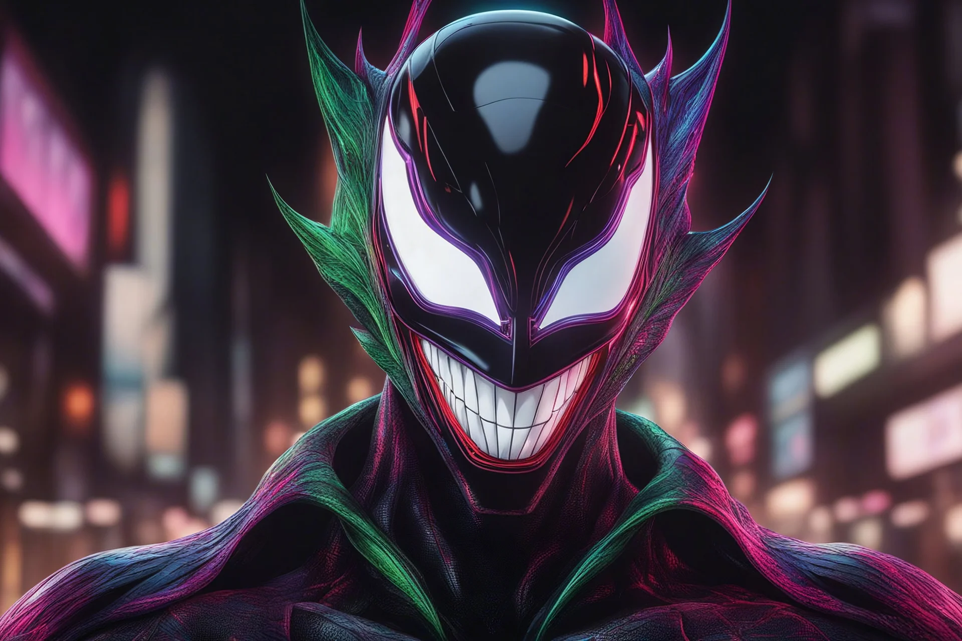 symbiote in 8k 80s anime drawing, joker model, neon lights, intricate details, highly detailed, high details, detailed portrait, masterpiece,ultra detailed, ultra quality