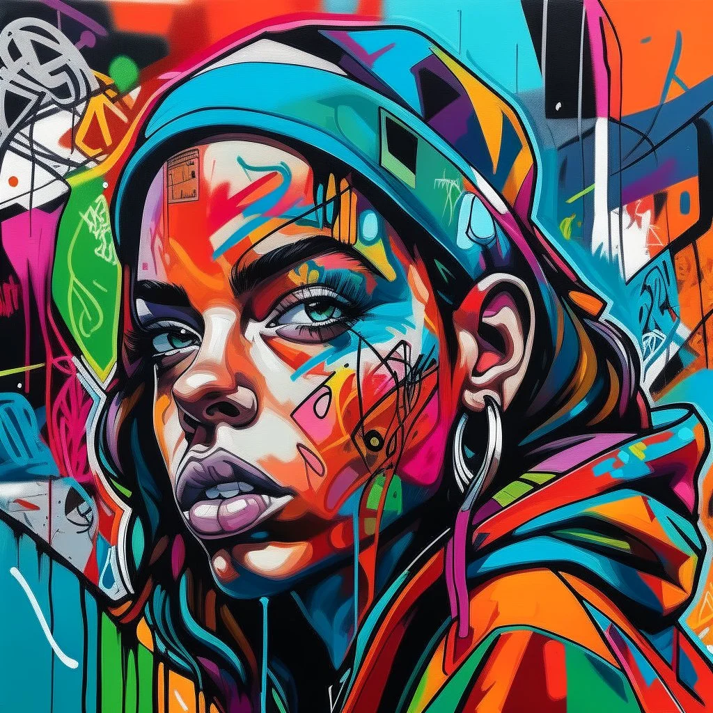 A bold, graffiti-style portrait of an individual surrounded by expressive, street art-inspired elements, including vibrant colors, dynamic brushstrokes, and urban motifs, encapsulating the subject's unique personality and connection to their city's cultural scene.