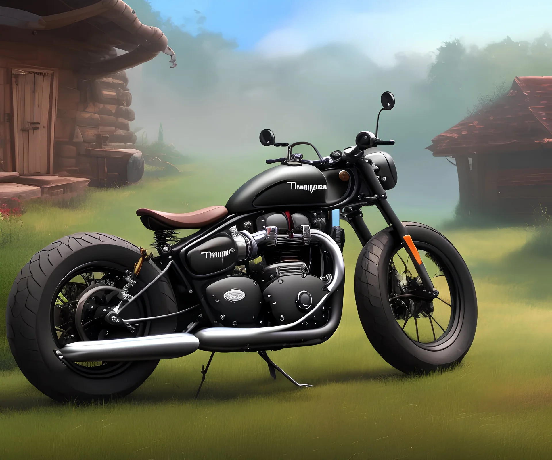 technical design study, oldschool triumph bobber bike, ratrod style, stylized garage interior background, hdr, uhd, 8k, center camera, perspective view, pivot on triumph, by david uhl