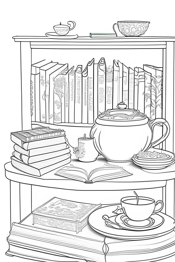 Tea on coffee table and book shelf coloring page