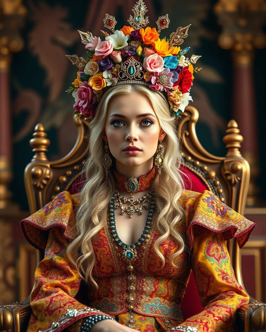 full length image a distance dystopian angle fullbody a beautiful European blond girl pretty super model adorned with an elaborate and colorful headpiece made of flowers and jewels, wearing a vibrant and detailed victory outfit that includes intricate patterns and sparkling embellishments. The attire should reflect a rich russia empire, with attention to the fine jewelry that complements the ensemble,sweet pose sitting the throne queen in room luxurious royal palace background