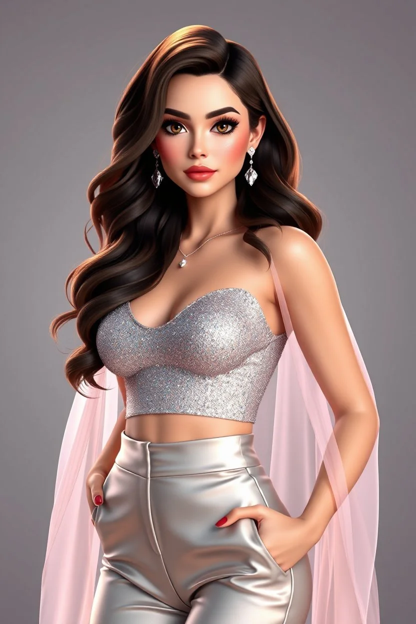 fullbody pose of A stylized 3D render of Madison Beer portrayed as a glamorous modern pop icon with a soft yet confident aura. She has radiant, porcelain skin, long voluminous dark brown hair cascading in gentle waves, and captivating hazel eyes framed by bold lashes and shimmering makeup. Her outfit is a chic, form-fitting ensemble—a glittering silver crop top paired with high-waisted satin pants and a long translucent cape that flows behind her, catching the light. Delicate jewelry—crystal ear