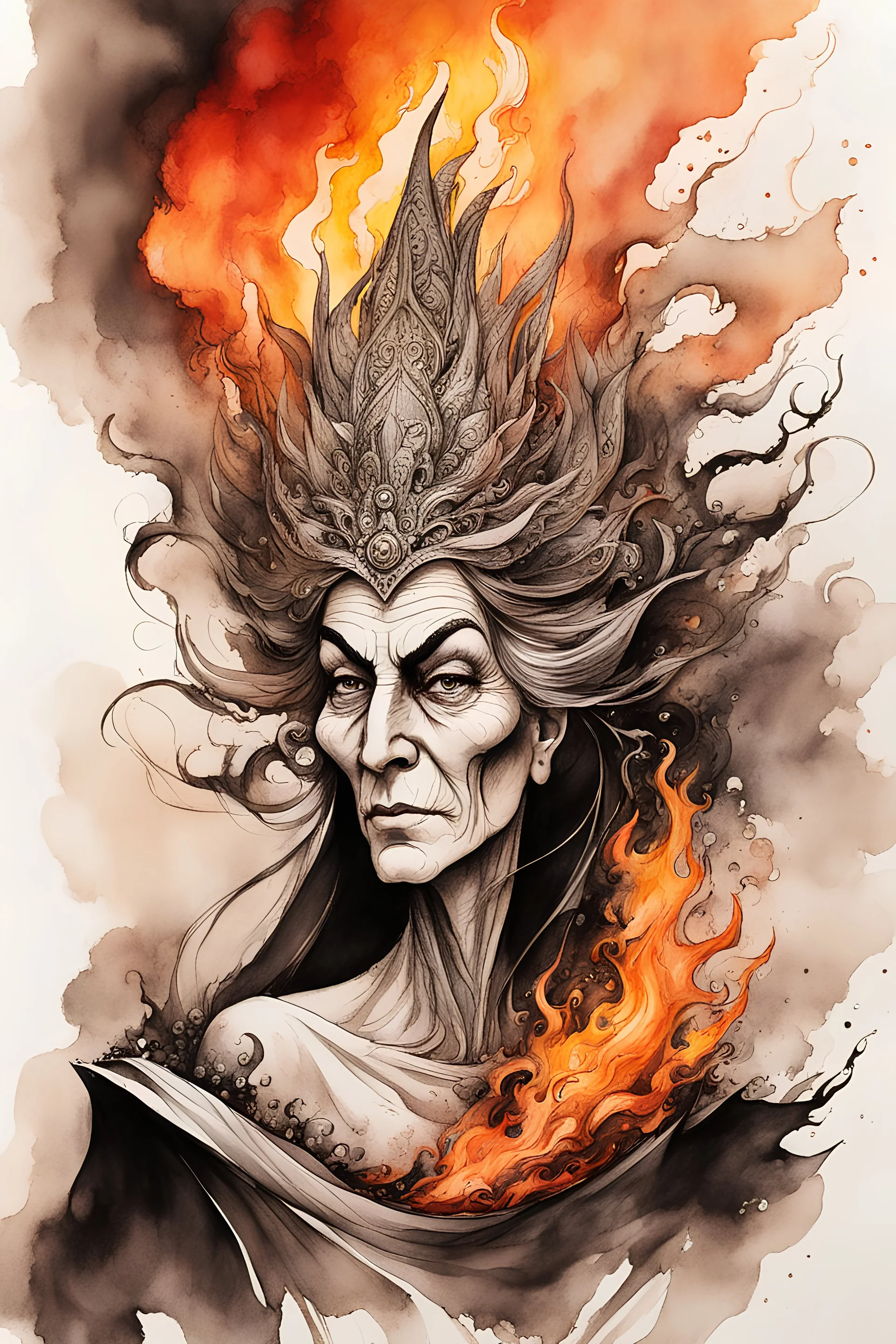 create an abstract ink wash and watercolor caricature of a strikingly beautifully aged elegant woman, malevolent, ornately dressed , 14th century sorceress engulfed in fire ,highly detailed with refined facial features in the cartoon caricature style of Gerald Scarfe and Ralph Steadman precisely drawn, boldly inked, vividly colored, 4k
