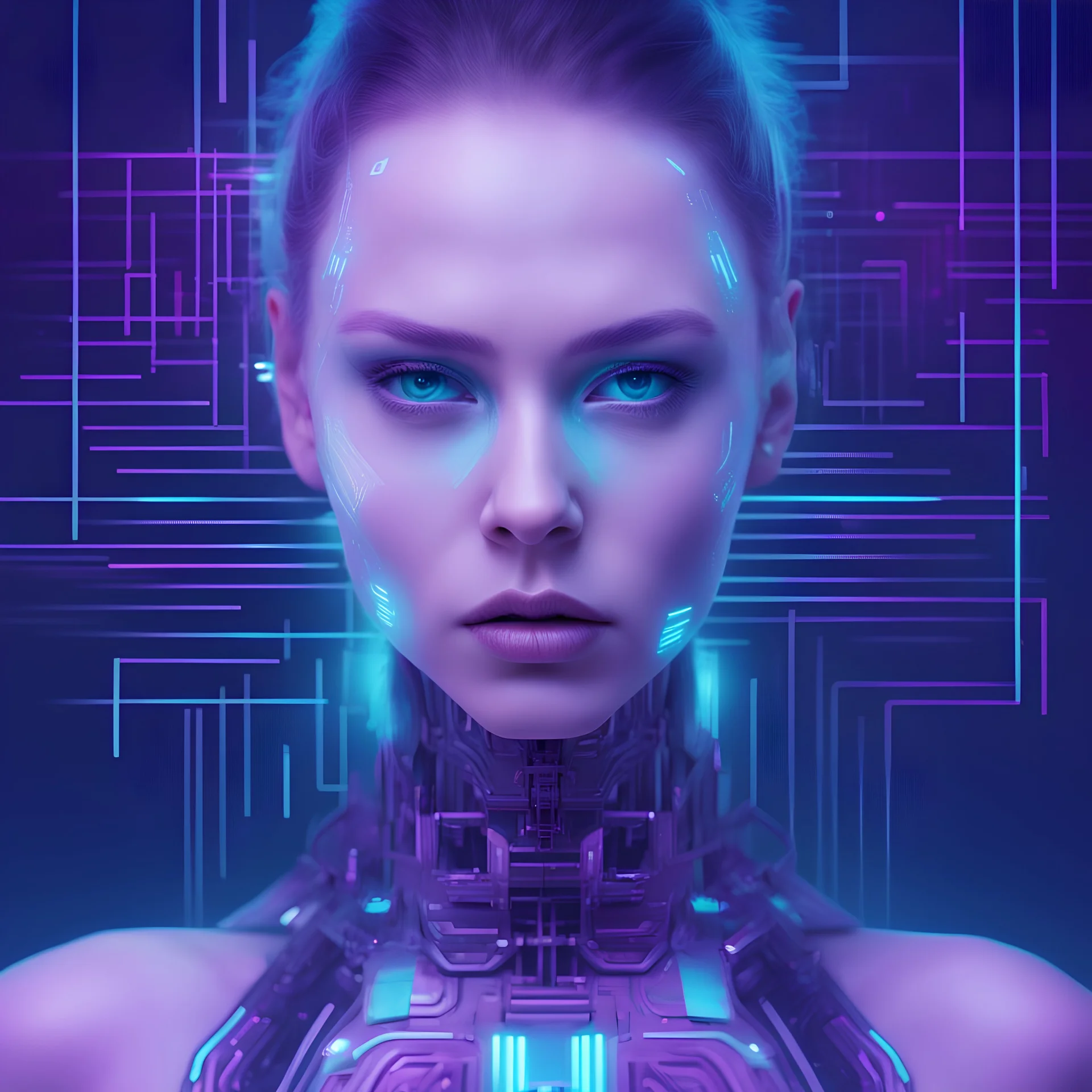 a real face photo futuristic russian girl cyborg serious haute couture body with circuits refractions on the floor and cloths of neon violet colors ultra realistic cyan and magenta fog texturized skin qrcodes in head