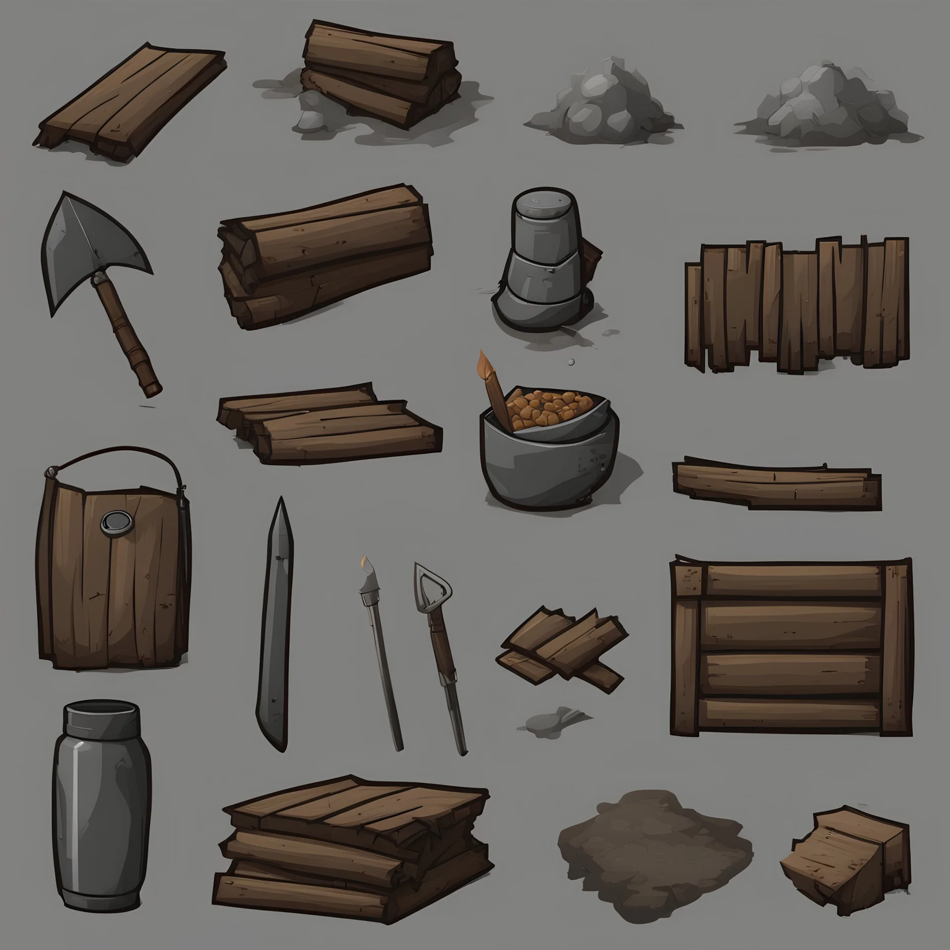 Sprite sheet, Wood, Nails, Metal scrap, Electronics, Tarps, Water, Food, Clothing, Tools, icons, survival game, gray background, comic book,