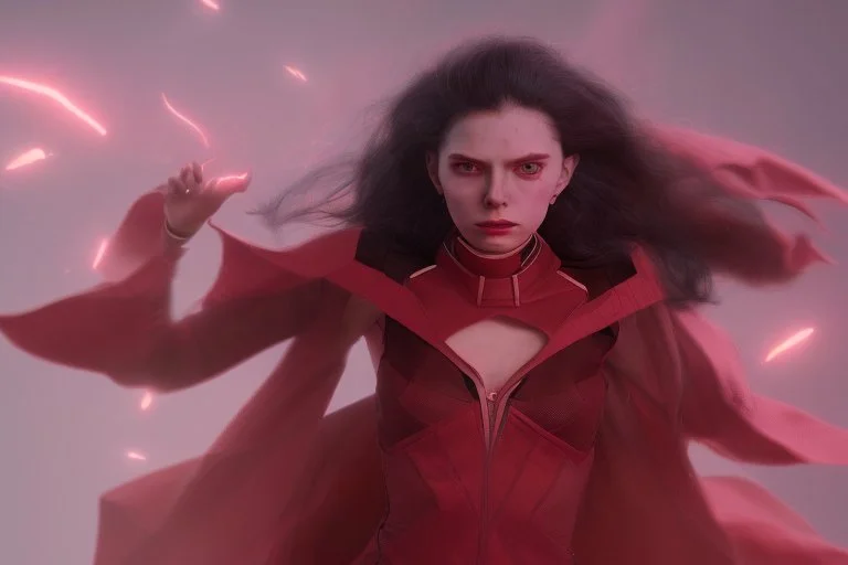 Wanda maximoff, vilã, destruindo tudo com sua magia, brava, dramático, magia vermelha, cores frias, imagem cinematográfica