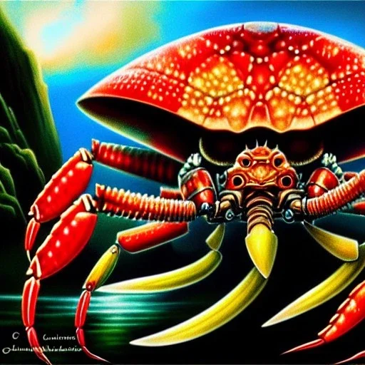 ultra detailed fullbody Drawing of a Cyborg Gigantic red Crab on the shore ,con grandes tenazas ,metal body, open mouth, with sharp teeth, with glowing Green eyes, extremely detailed digital painting, intrincate, extremely detailed face,crystal clear Big eyes, in the style of Frank Frazetta, mystical colors , perfectly centered image, perfect composition, rim light, beautiful lighting, 8k, stunning scene, raytracing