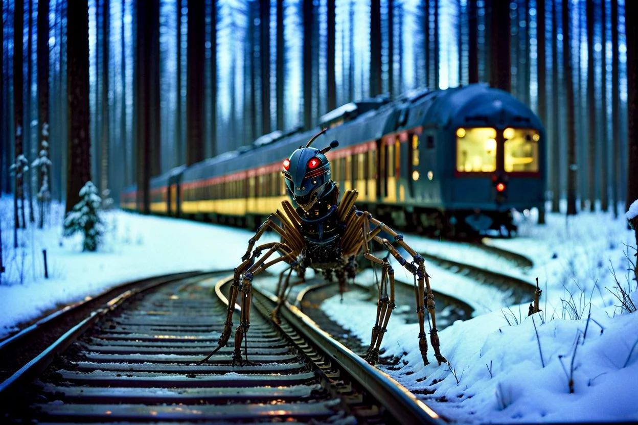 Subject( A centipede bug man robot cyberpunk futurism), Location(A forest with a futuristic train station, Forest, Alberta, night, Feb, 1994), Frame(wide shot of passenger facesinterior train), Cam( Nikon, R3, anirmorphic lens, extreme bokeh blur, analog film grain,fuji film, color fading, film scratches, mold, vinegar syndrome, dirt, dust, emulsion damage, water damage, film tears, Cinemascope mumps, gate hair)