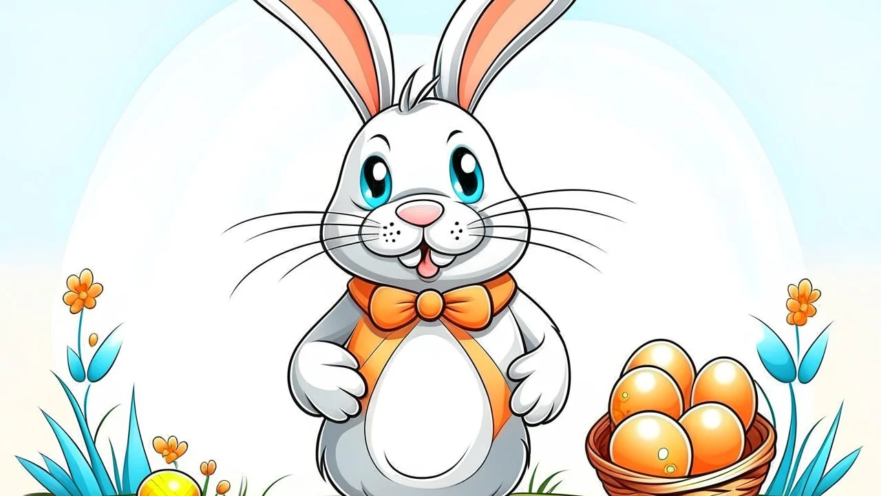 Fantasy cartoon illustration: a bunny is holding a basket full of chocolate Easter treats