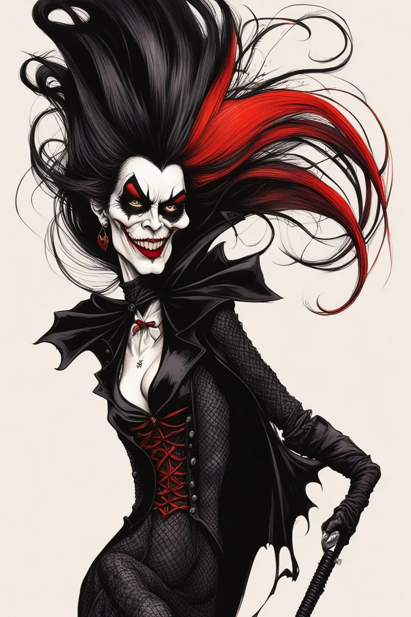 create a seductive, female goth vampire with highly detailed and refined facial features and hair, clothed in an ornate Gothic rags and fishnet stockings, in the caricature cartoon style of Gerald Scarfe and Ralph Steadman, precisely drawn, boldly inked, vividly colored, 4k