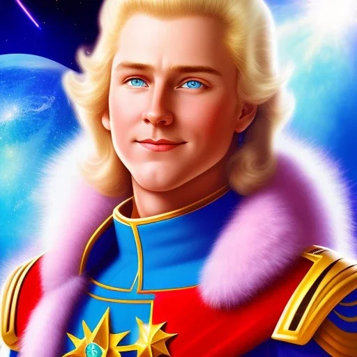 galactique beau fin, profil de trois quart, grand front cosmique, peau bleu cristalline, yeux bleu réel, cheveux blond et rose étoilé, armure sur le corps, collier de grand prince, lèvres souriante, très jolie sourire, fond de galaxie. 4k