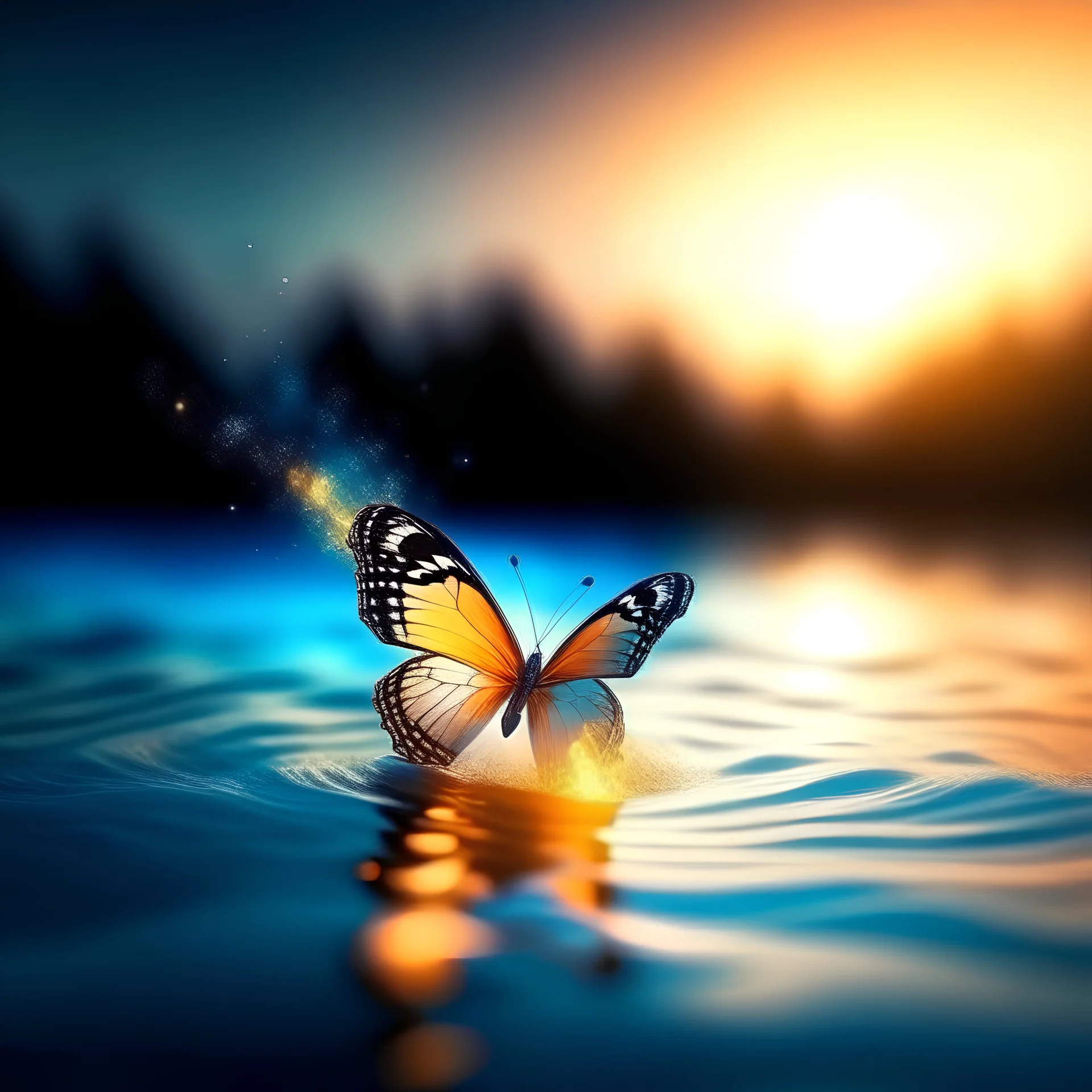 una mariposa, en primer plano, de colores pasteles volando en el mar con poderes de fuego en una ambiente de paz, con luz suave y en una atmosfera misteriosa
