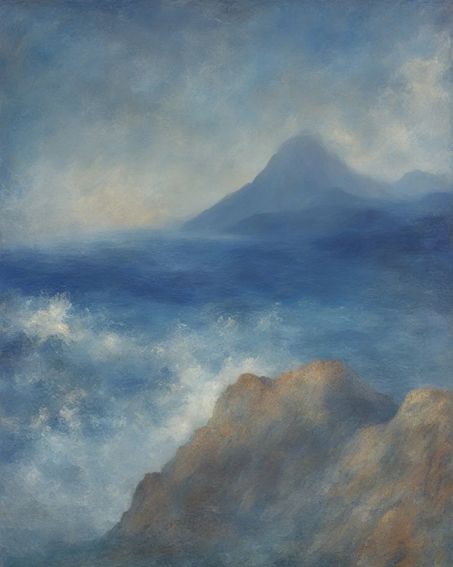 Ocean, Storm, Impressionist Beautiful Italian blue mountain scene by Turner and redon and Seurat, 1980s aesthetic, photonegative refractograph, sparklecore, star overlay