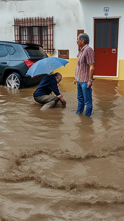 A natural phenomenon, floods in an Alentejo village with two politicians on the scene 1943. Mario Soares and Cavaco Silva- Shot on Canon EOS R5, 50mm lens, depth of field, shutter speed 1/1000, f/2.8, white balance, 6000k. High resolution, realistic details, HDR efects, film grain, 4K. –ar 9:16 –s 700 –q 5