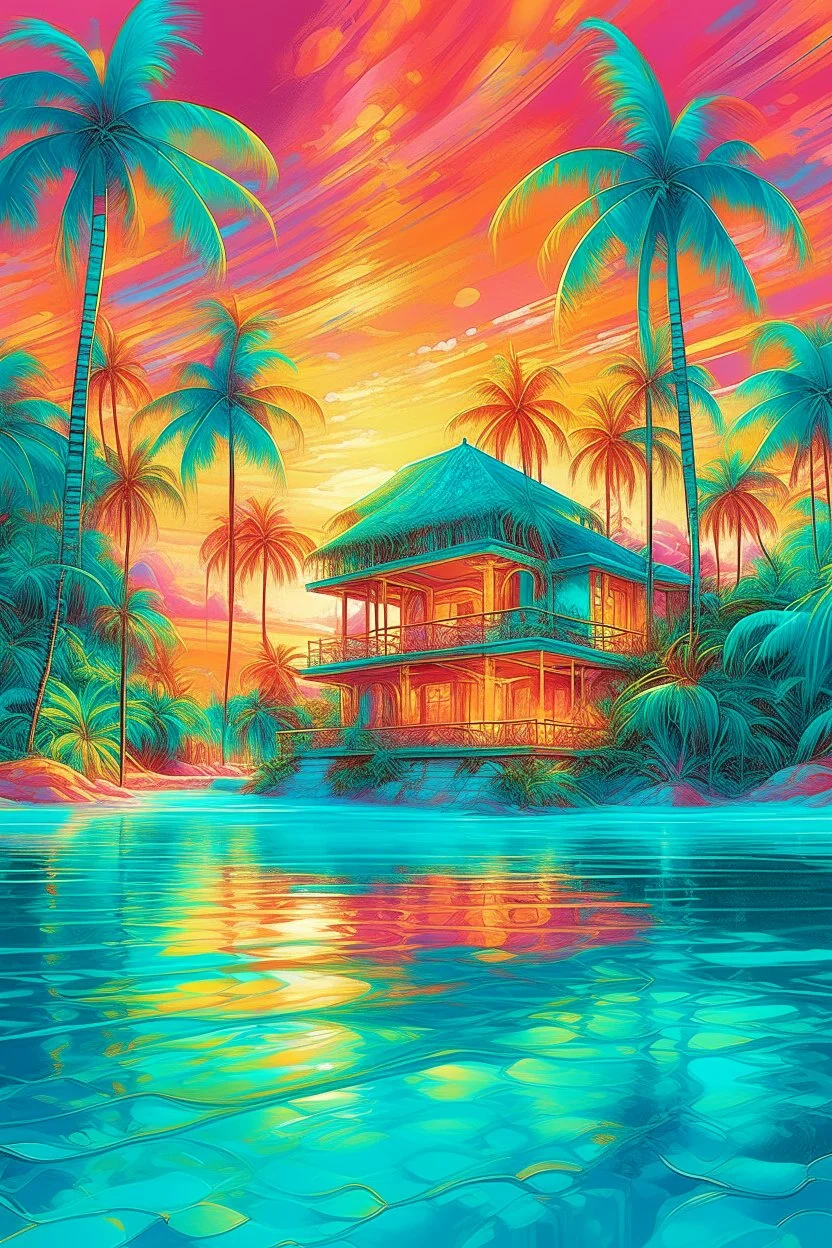Luxury Tropical House album cover, award-winning music artwork, crystal-clear turquoise ocean merging into an endless horizon beneath a radiant golden sunset. Exotic palm trees illuminated by soft neon cyan and coral lights sway in the warm breeze. Glowing particles drift through the air like fragments of melody, creating a magical atmosphere. Elegant reflections dance across the water surface, while subtle geometric patterns inspired by electronic music production are integrated into the enviro