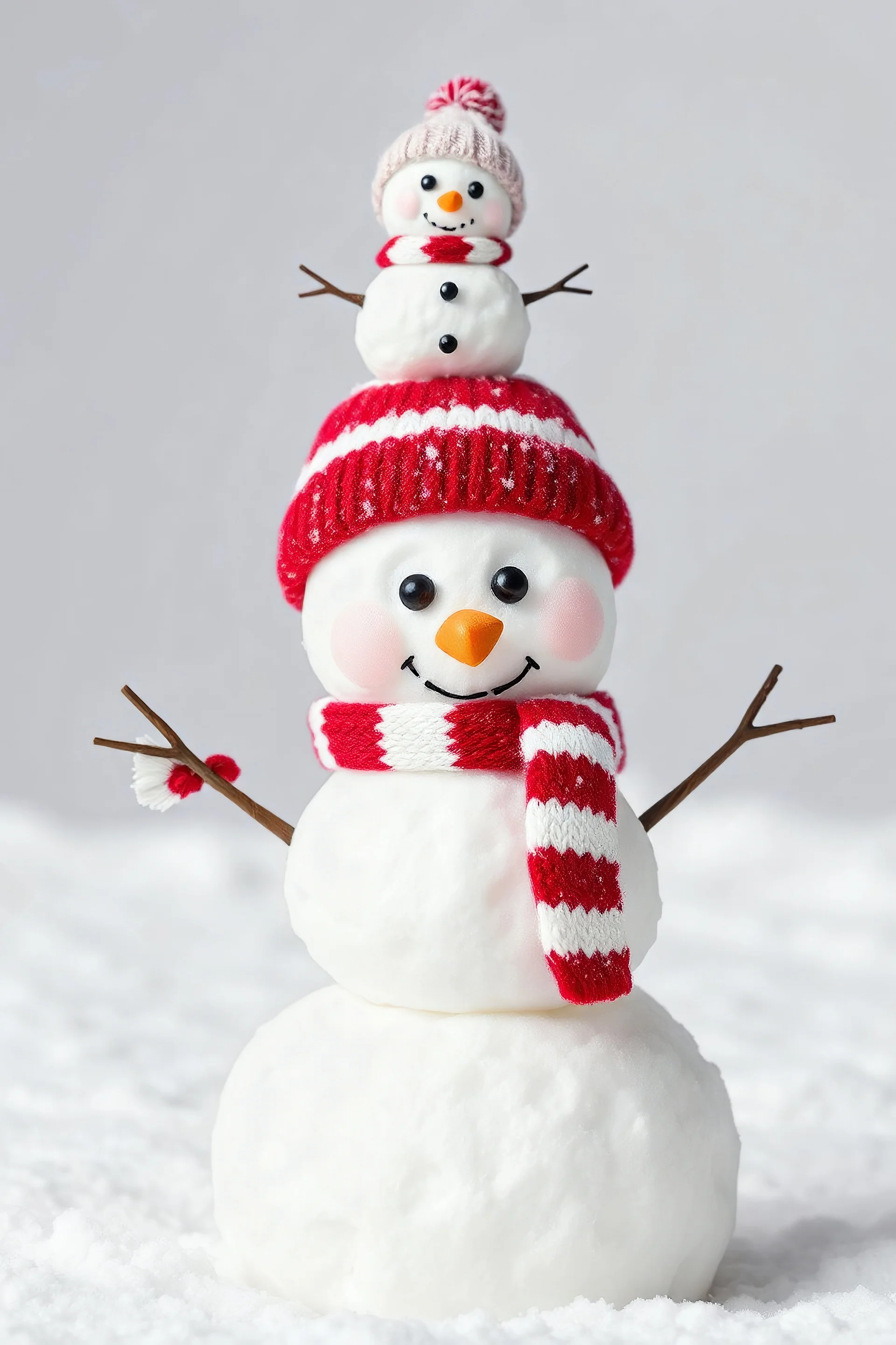 An adorable snowman standing proudly at the center, crafted with perfectly rounded snowballs and a carrot nose that tilts upwards slightly. Above him, a second, smaller snowman is playfully balanced atop his hat, which is a jaunty knit cap in vibrant red and white stripes. This miniature snowman wears a warm scarf made of snow that wraps around the base of the larger snowman's hat, creating a charming link between the two. The larger snowman's eyes and smile are made of shiny black coal, and his