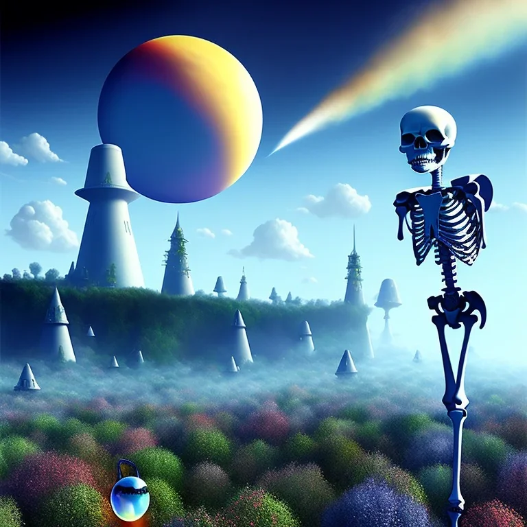 The Skeleton and the Grim Reaper on bubble world, discussing the future of the universe, art by Magritte and Pixar