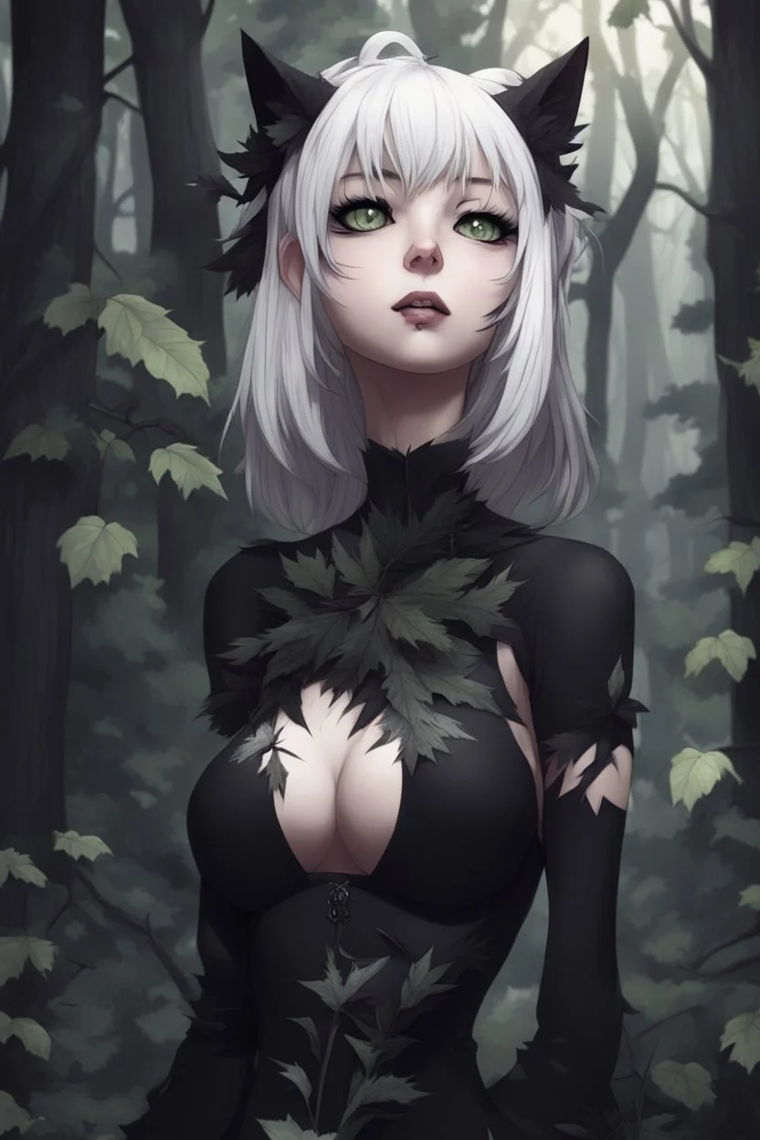 CAT GIRL, goth, forest, nature, cartoon, leaves, half black half white hair, boobs