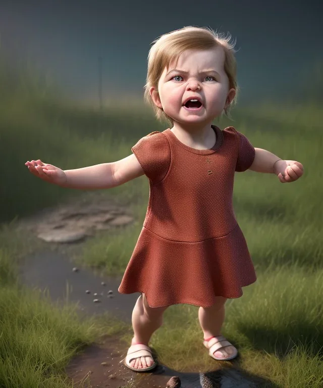 Penny Hofstadter toddler, full body, dramatic lighting, angry, hyper realistic,