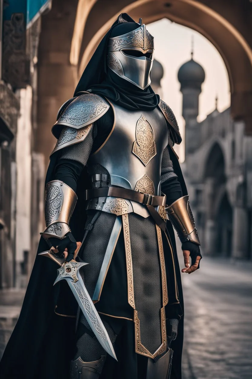 Arab cyborg warrior Full Body Full Armored helmet,Wearing Face Mask Iron Masculine Mysterious Powerful Fantasy High Quality clothes,islamic city background