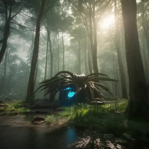 Sun cyberpunk forest unreal 5, octane render, cinema4d, redshift render, hyper realistic, cenematic, vibrancy, synthwave, retouch, centered, dynamic lighting, dramatic lighting, 4k, highly detailed, attractive beautiful, realistic, virtual reality, epic composition, holographic,