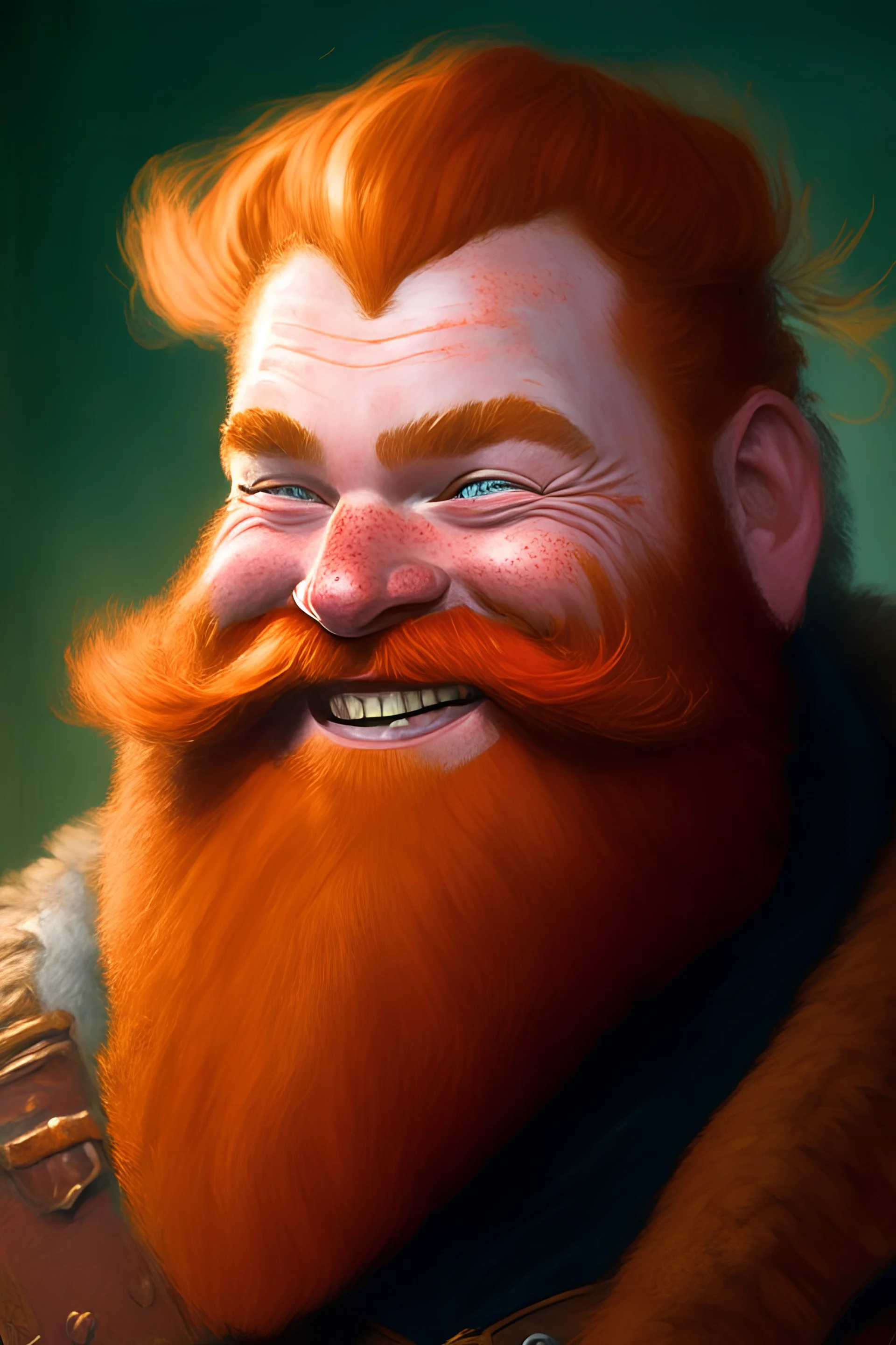 fantasy art style portrait of a cheery ginger, bearded dwarven man