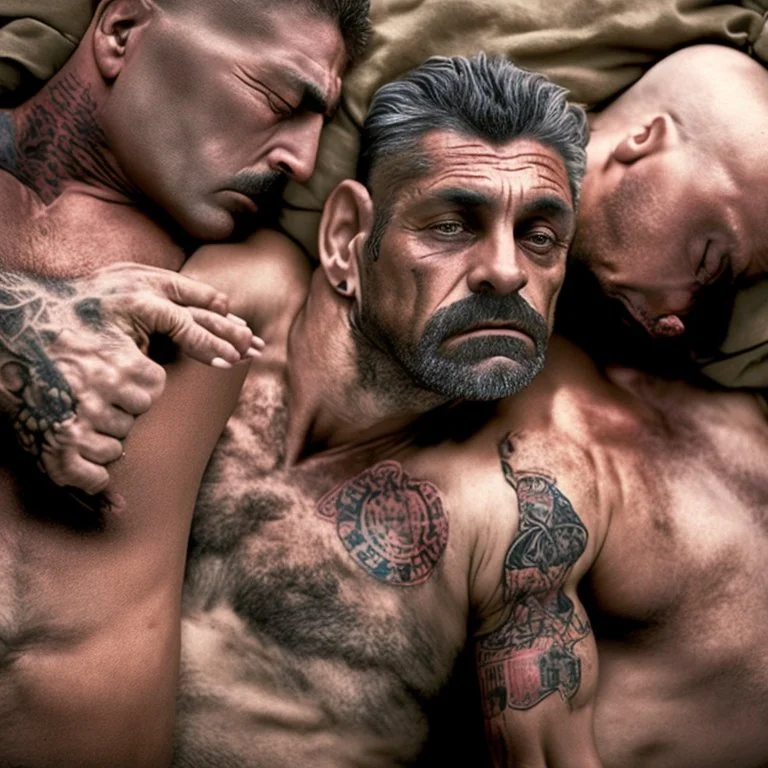 close up 35mm lens, top view of three gipsy prisoners 45 years old sleeping laying down inside a dirty jail, ugly, bullneck, strong beefy, in tank top, manly chest, tattoo, misery and poverty, photorealistic, ultradetailed, 32keyes