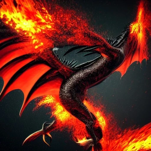  dragon full body flying with black, opaque scales, volumetric lighting, photo realistic, dark fantasy, dramatic, ferocious, spitting red hot fire out of it's mouth over the ocean with a erupting volcano that is leaking through the sides, dramatique middle ages