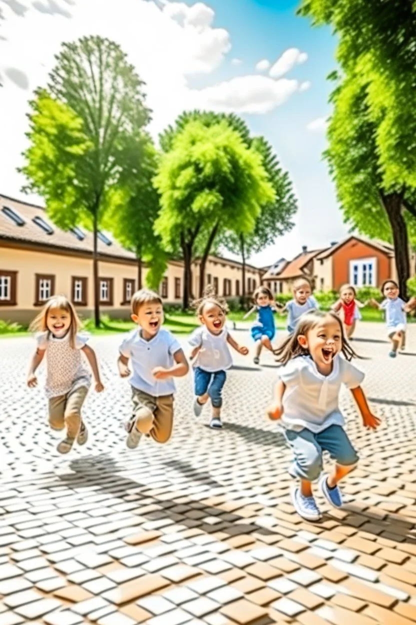 Happy Schoolchildren playing in school yard with thire teachers