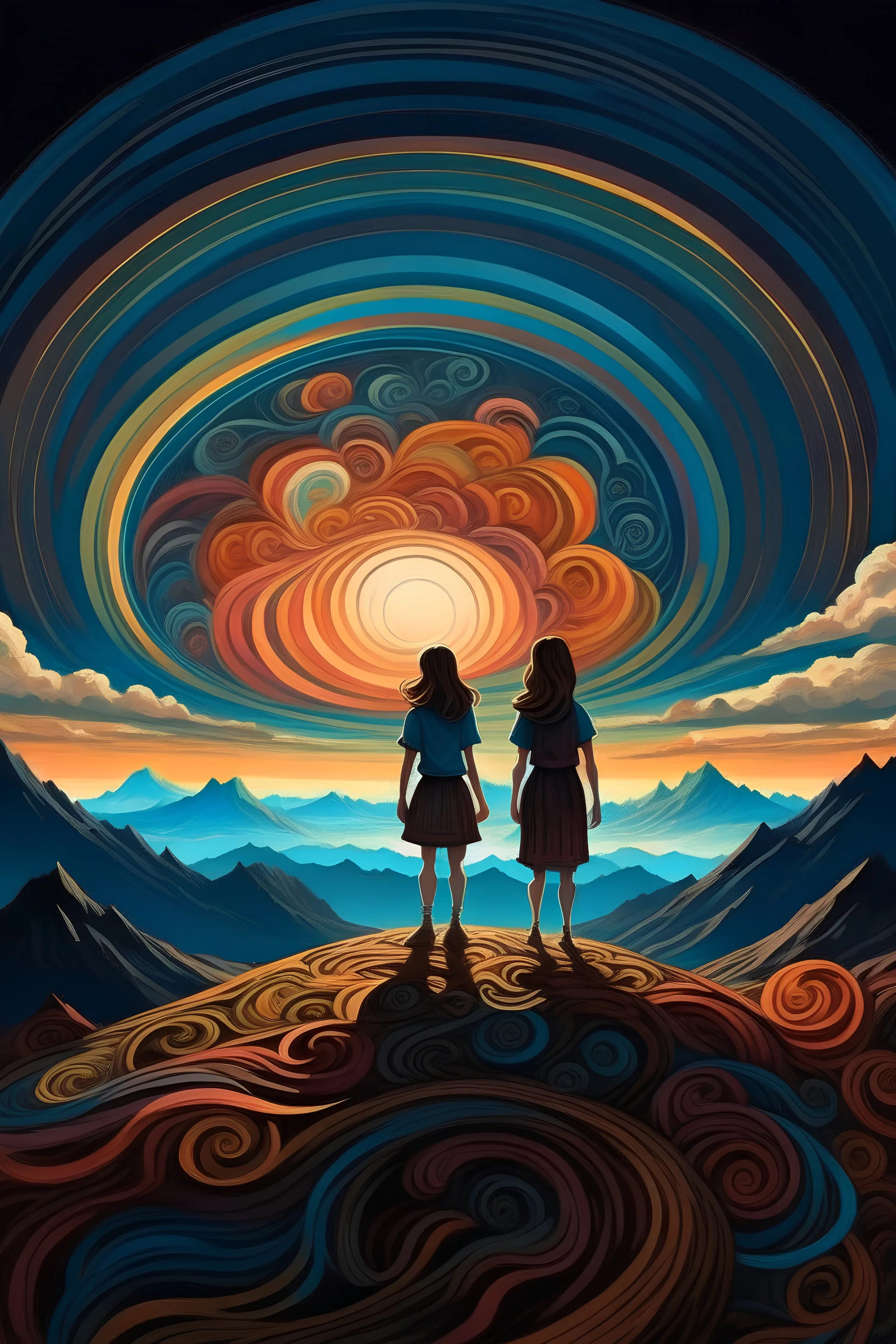 Book cover art. Two girls standing on a mountain. The sky is full of spirals